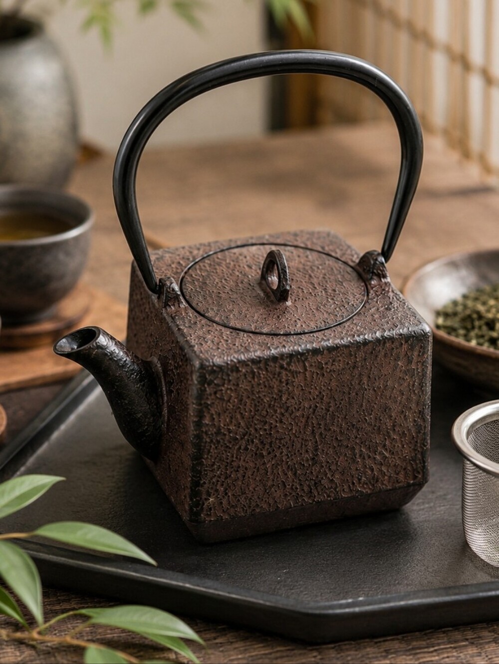Rare Iwachu Japanese Square Tetsubin Cast Iron Teapot Enamel Lined Infuser